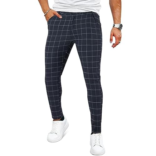 GINGTTO Mens Plaid Dress Pants Stretch Chino Pants Men Slim Fit 28W x 28L Grey (Ankle Length)