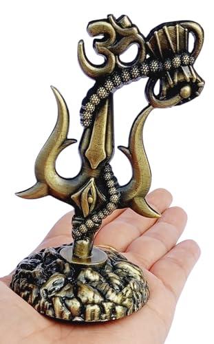 Image of Shivji Trishul Damru and Aum Idol for Mandir, Car Dashboard Statue Metal Showpiece for Pooja Room Home Decor, 10 cm, Antique