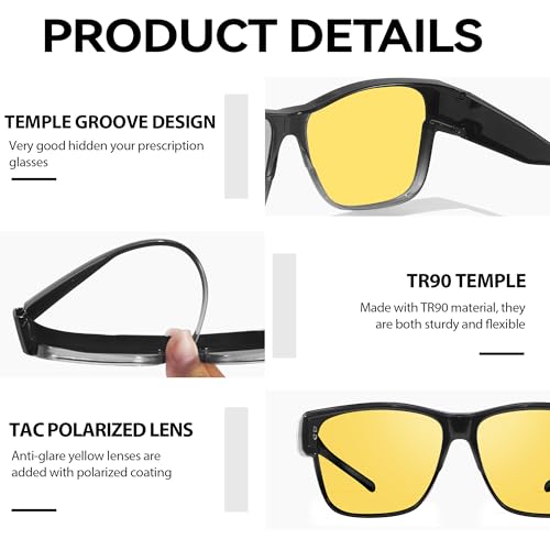 LVIOE Fit Over Night Vision Glasses for Women Night Driving Wear Over Glasses Polarized Yellow Lenses Anti Glare N3022-14