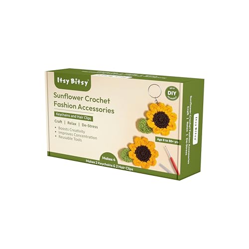 Image of Itsy Bitsy DIY Sunflower Crochet Fashion Accessories Kit Makes 4 | Beginner Crochet Craft Set | Make Sunflower Keychains Bag Charms Zipper Pulls | Complete DIY Hobby Gift Box