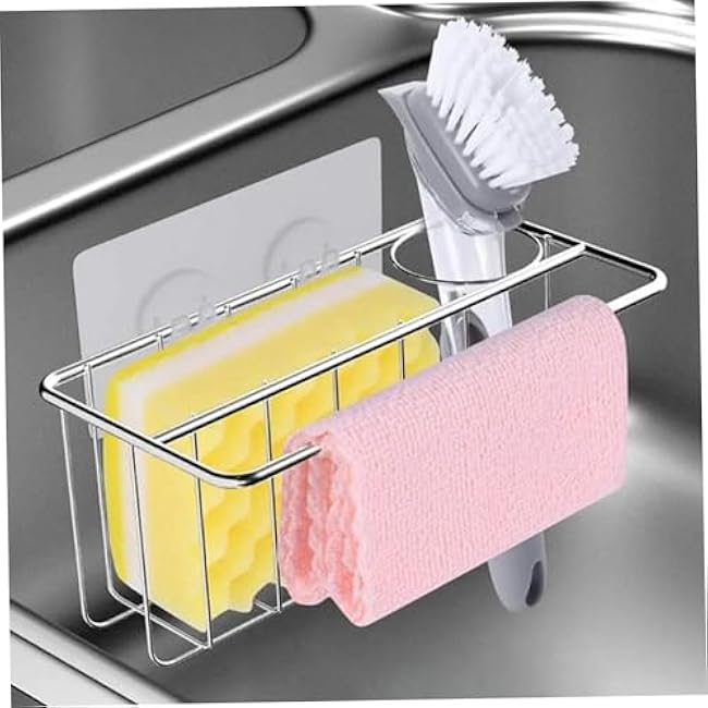 Sink Sponge Holder Stainless Steel Kitchen Sink Caddy with Hanging Pole Wall Mount Dish Brush Holder with Adhesive