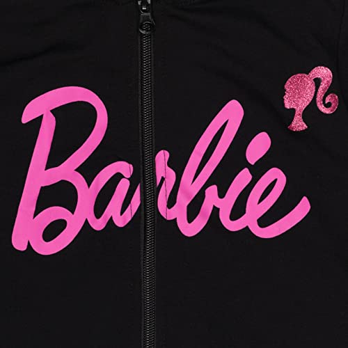 Barbie Little Girls' Glitter Graphic Zip Front Hooded Sweatshirt Black Pink 7-8 - image 3