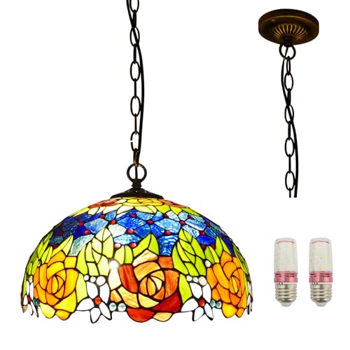 Jgwsmq Tiffany Kitchen Island Pendant Light Rose Stained Glass Chandelier Victorian Hanging Lighting Fixture For Dining Living Room Study Hallway,15 Inch thumb #2