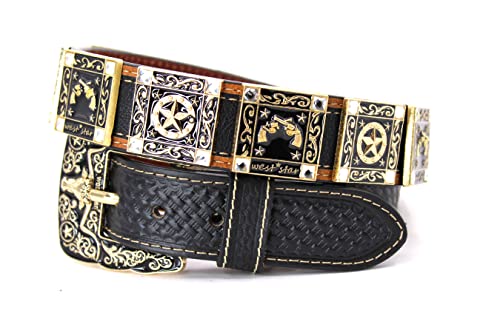 Western Unisex Belt Cowboy Genuine Leather Longhorn Horse Bullrider Rooster Star Leather Belt Concho