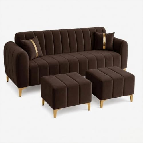 Image of FURNY Harmony 5 Seater L Shape Sofa Set with 2 Movable Ottoman & Golden Legs| Flexible Left or Right Layout | Plush Velvet Fabric (Dark Brown Color) | Perfect for Living Room, Guest Room & Office