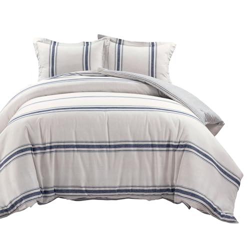 Image of Lush Decor Farmhouse Stripe Reversible Cotton Duvet Cover King Size 3 Piece Set Navy - Farmhouse Bedding Set King - Striped Duvet Cover