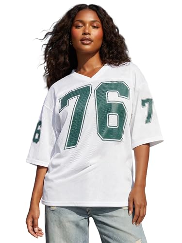 Image of LYSINK Women Oversized Jersey Shirts Y2k Number Graphic T-Shirt Summer Short Sleeve V Neck Loose Streetwear Top (A1-White, L)