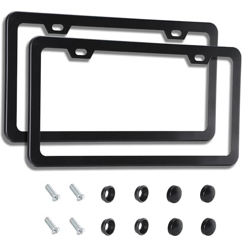 VRYTOR 2PCS Matte Black License Plate Frames - No-Cover State Name - Premium Rust Proof Aluminum License Plate Holder for Women and Men, Universal Car Plate Frame with 2 Holes, Easy to Install