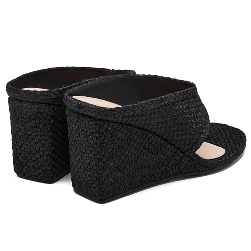 Image of Women's Wedges Heeled Slippers Fabric Heels Slip on Comfy Evening Dress Woven Sandals Square Toe Shoes for Women 3.3 inch Heels
