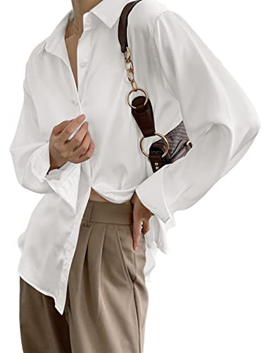 Zanzea Women's Button Down Shirts V Neck Satin Silk Long Sleeve Casual Loose Blouses Tops White Xx-Large #TOP1