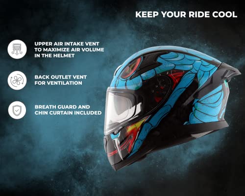 Axor Apex Venomous ISI ECE DOT Certified Full Face Dual Visor Helmet for Men and Women with Pinlock Fitted Outer Clear Visor and Inner Smoke Sun Visor Black Neon Blue(L)