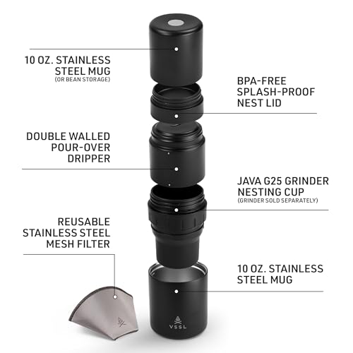 Image of VSSL - Nest Pour Over Coffee Kit | Coffee Maker for Camping | All-In-One Travel Pour Over | Transportable Dripper, Two 10oz Stainless Steel Travel Mugs | Compact Storage & Adventure Ready | Black