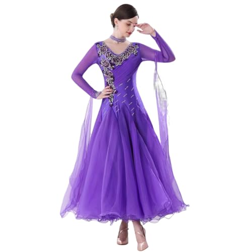 Women’s Ballroom Dance Dress Embroidery Flowers Modern Waltz Tango Competition Performance Dancing Clothes(Purple,L)