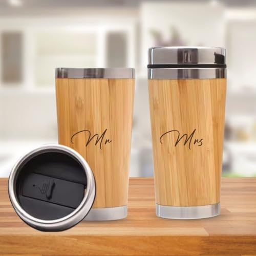 Image of Giftana Mr and Mrs Coffee Tumbler Set of 2, Stainless Steel Bamboo Finish Travel Mugs 450ml for Couples, Wedding & Engagement Gifts, Bride and Groom Gift Set, Reusable Coffee Cups, Beige
