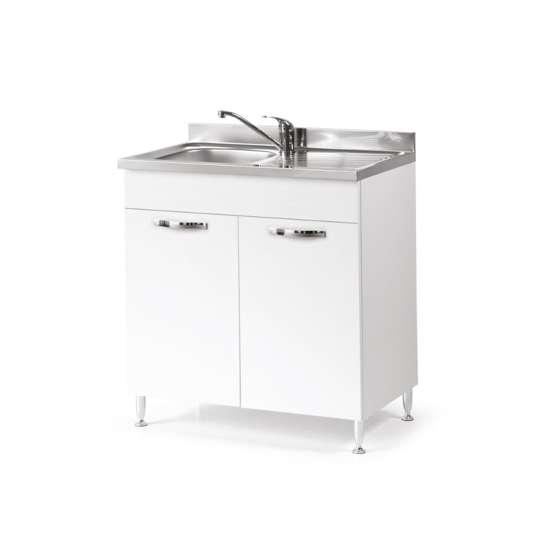 Linea Azzurra Sottolavello 80 Solo Mobile Cucina con 2 Ante in Legno Made in Italy H85xL80xP50cm Facile da Montare (Vasca a Sinistra, Bianco Frassinato)