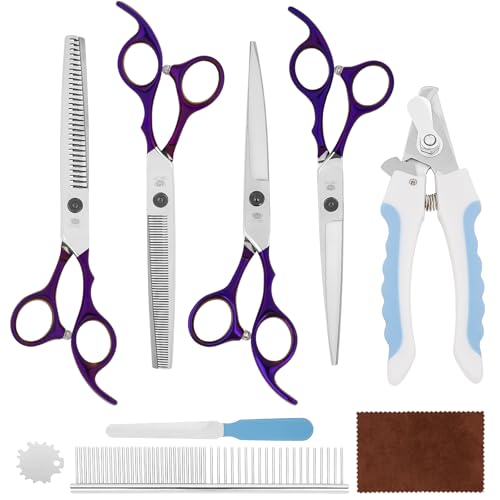 7” Dog Grooming Scissors Set – 6 in 1 Pet Grooming Kit with Curve...