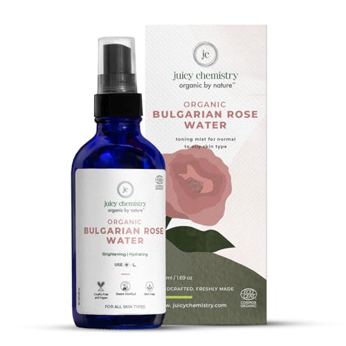 Image of Juicy Chemistry Organic Rose Water (Hydrosol), 50 ml | Face Toner for Glowing, Brighter and Hydrated Skin | Made with Bulgarian Damask Roses - Clinically Tested