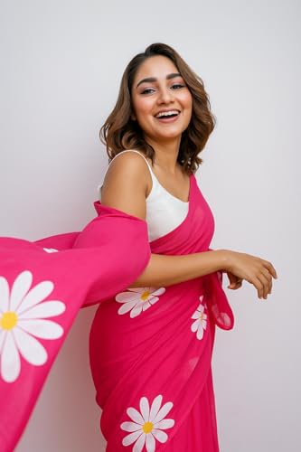 Image of Lilan Cotton Saree with White Daisy Floral Prints Tassel Pallu Lightweight Summer Saree