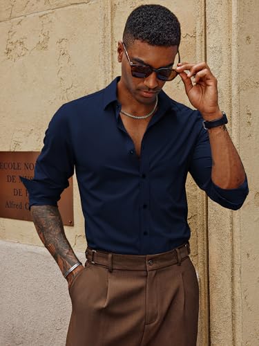 PJ PAUL JONES Mens Long Sleeve Button Down Shirts Wrinkle Free Stretch Untucked Dress Shirts Business Casual Shirt2