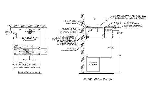 SUN AIR Commercial 4' Stainless Steel Wall Mounted Exhaust Hood System with Upblast Fan, Supply Fan, Roof Curbs, Electrical Controls