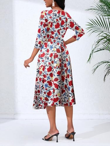 Image of PerZeal Women Casual Midi Dresses 3 /4 Sleeve Round Neck African Floral Print Dress Beach Weddings Flowy Dress with Belt X-Large