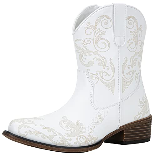 Jeossy Women's 9805 Cowboy Boots White, Western Booties Cowgirl Ankle Boots Square Toe For Women With Zipper Size 10(Djy9805 White 10) #TOP26