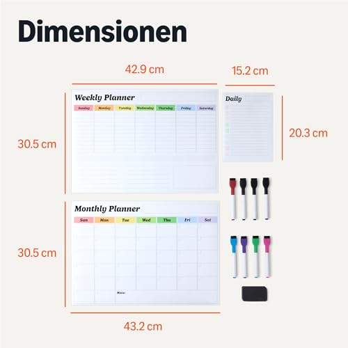 Amazon Basics Whiteboardplaner-Set, magnetisch, trocken abwischbar, für Kühlschrank, 3 Stück, 8 Marker und Tafelwischer, Weiß
