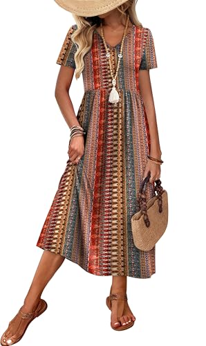 Image of OFEEFAN Summer Dresses for Women Flowy Casual A-Line Midi Dress Beach Vacation Sundresses with Pockets S-2XL