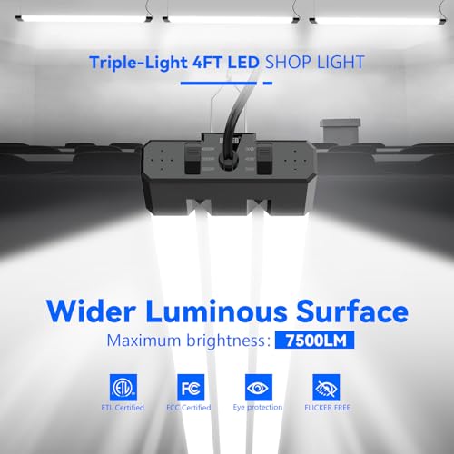 Image of JESLED LED Shop Lights 4FT 7500LM, 3CCT & 3 Wattage Adjustable, ETL | 3CCT 4000K, 5000K & 6500K, 30W /40W /50W Selectable, Linkable for Garages & Workshops, Ceiling or Hanging Mount, 6 Pack