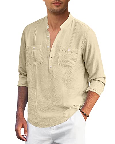 NANAMEEI Camisa Henley de lino de algodón para hombre, camisa casual de manga larga, cuello en V, botones Henley, caqui, XXL Cover