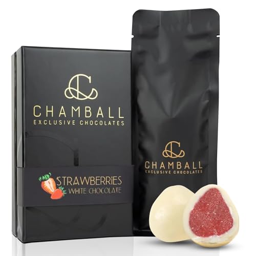 CHAMBALL Bombones Belgas de Fresa Bañados en Chocolate Blanco Belga, Bombones a Granel, inlcluida la Caja bombones para Regalar, Perfecta para dias de Festivos, Cumpleaños, o con un Champagne