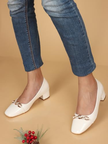 Image of ELLE Women's Square Toe Block Heels Slip-On Pumps with Chain Detail