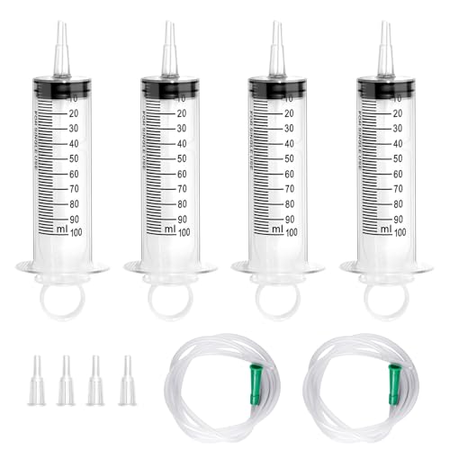 TAIHOBO Spritze 100ml, 4 Stück Große Spritze mit Schlauch 1m, Kunststoff Spritzen 100ml Ohne Nadel, Unabhängig Verpackte Dosierspritze für Experimente Pet Fütterung und Industrielle Anwendungen