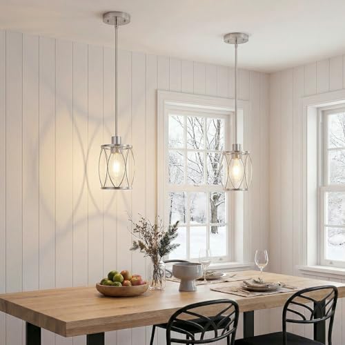 Image of Glass Pendant Lights Kitchen Island Brushed Nickel, 1 Pack | Pendant Light Fixtures Adjustable Farmhouse Mini Hanging Light with Clear Glass for Sink Dining Room Foyer Entryway