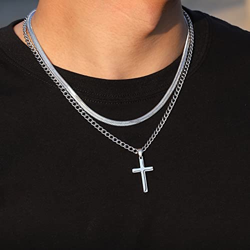 Zocomi Cross Necklace for Men Boys, Stainless Steel Layered Cuban Link Herringbone Chain Cross Pendant Christian Fashion Jewelry Gifts 16-24 Inches3