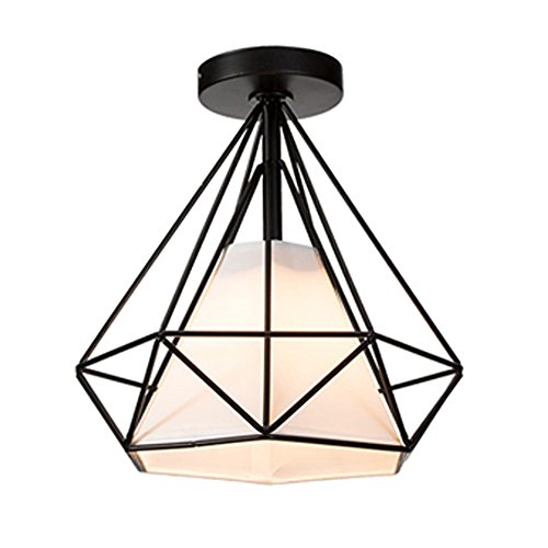 STOEX Retro Plafonnier Industrielle Cage en forme Diamant en Métal Fer Lustre Suspension Luminaire pour Salon Salle Chambre Décorer Maison Cuisine (Noir)