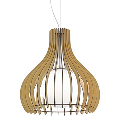 EGLO Suspension luminaire Tindori, lustre chambre vintage en acier, bois d'érable et verre blanc, plafonnier salon ou salle à manger, douille E27, Ø 50 cm