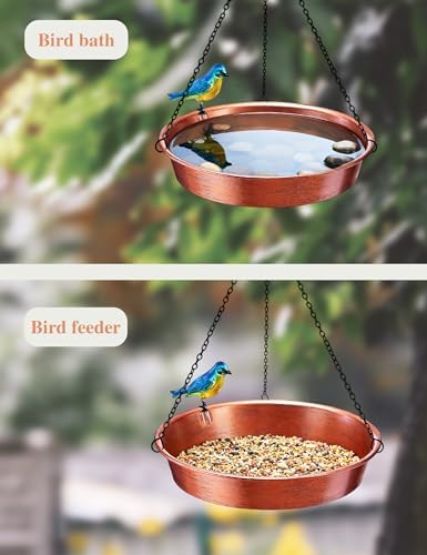 Hanging Bird Bath for Outside, 11.5” Antique Copper Metal Birdbath Bowl & Feeder with Black Chain for Outdoor Garden Yard Decor (0.7 Gallon) — view 7