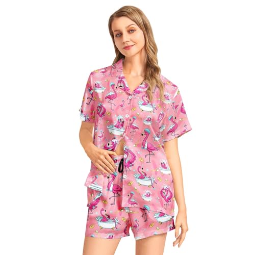 Image of Funny Pajamas for Women Set Print Satin Loungewear Pjs Short Sleeve Button Down Top and Shorts Sets Sleepwear XS-3XL