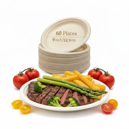 SOSINYA 60 Assiette en bagasse Jetable Rigide biodégradables compostables écologique vaisselle jetable et pratique pique-nique pique-nique restaurant 9''en fibre de canne,pour le dessert steak