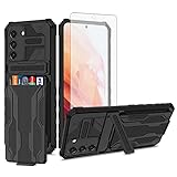 Asuwish Phone Case for Samsung Galaxy S21 FE Gaxaly S 21 FE 5G with Tempered Glass Screen Protector Cover and Slim Credit Card Holder Stand Hybrid Cell Glaxay S21FE5G UW S21FE 21S G5 Women Men Black