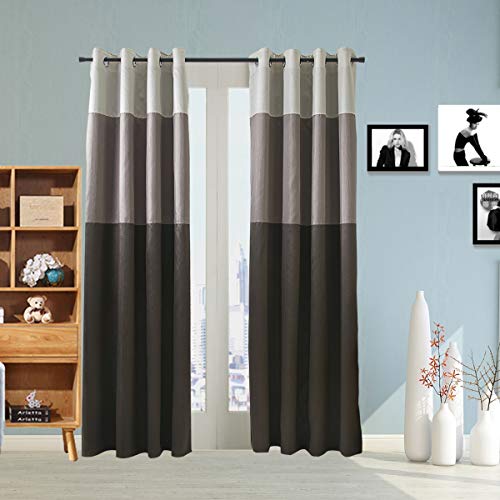 Black Friday - 80% OFF Jarl home Grommet Room Darkening Curtains with Liner - 3 Color Stitching Faux Silk Window Drapes for Living Room - (52x108, Coffee,2 Panels)