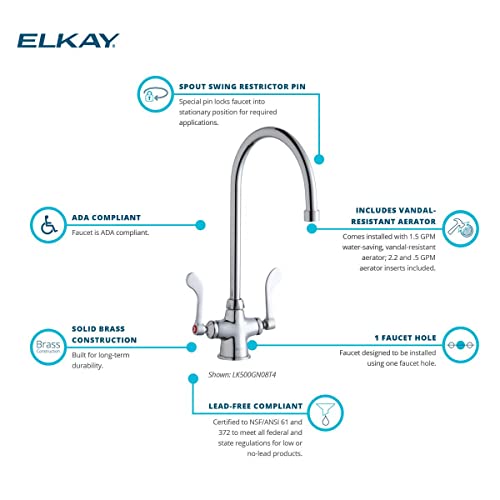 Elkay Lk500Gn08T4 Single Hole Concealed Deck Faucet With 8" Gooseneck Spout And 4" Wristblade Handles, Chrome #TOP3