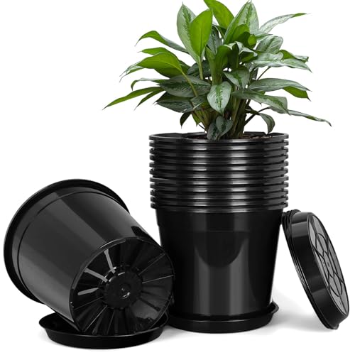 FUIJOL 1 Gallon Plastic Pots with Drip Trays, Sturdy Gallon Plant Pots with Drainage Holes, Large Gallon Pots for Flowers, Ideal for Indoor and Outdoor Use (1Gallon-12PACK)