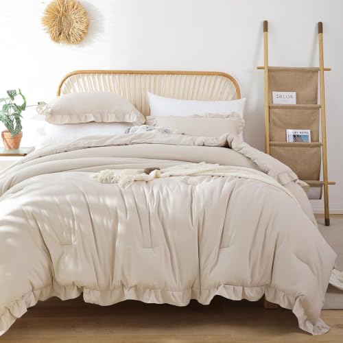 Image of JANZAA Beige Comforter Set Queen - Soft Microfiber, Lightweight All Season Bedding, Ruffle Shabby Chic Aesthetic, Breathable Cozy Bed Set with 2 Pillow Shams, Machine Washable