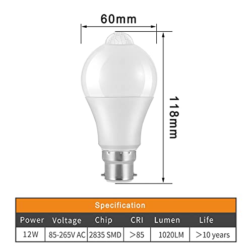 Weskjer B22 Motion Sensor LED Bulbs, 2 Pack B22 LED Bayonet Light Bulbs 12W 1020LM, 6000K Cool White, CIR>85 - Image 2