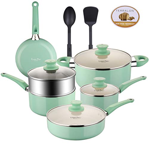 Ensemble de casseroles et casseroles avec revêtement en céramique blanc ustensiles de cuisine en aluminium antiadhésif avec couvercles en verre et ustensiles en nylon 12 pièces Bleu