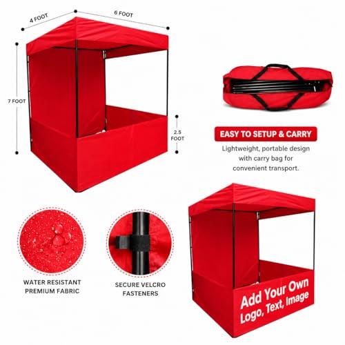 Image of Canopy Tent Portable Waterproof Demo Booth Canopy Stall 6x4x7 Ft for Outdoor Advertising, Marketing Stall, Exhibitions - UV Protection Portable Tent, Heavy-Duty with Carry Bag (6x4x7, Red)