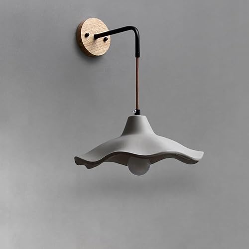 Miniatura 6 de Aplique de pared de cemento rústico, accesorio de iluminación E27 de madera maciza con pantalla orgánica ondulada, lámpara para dormitorio, sala de