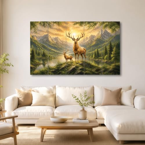 Image of The Castle Decor White & Golden Deer Digital Painting - Wooden Framed Wall Art for Living Room, Bedroom & Hotels (Multi Color - Design 6, 36x60 Inch)